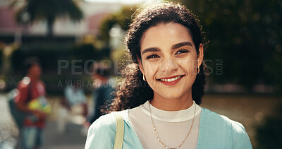 Buy stock photo Thinking, university and education for woman, smile and student with scholarship, confident and outdoor. Campus, proud and person with knowledge, daydreaming and happy for opportunity at college