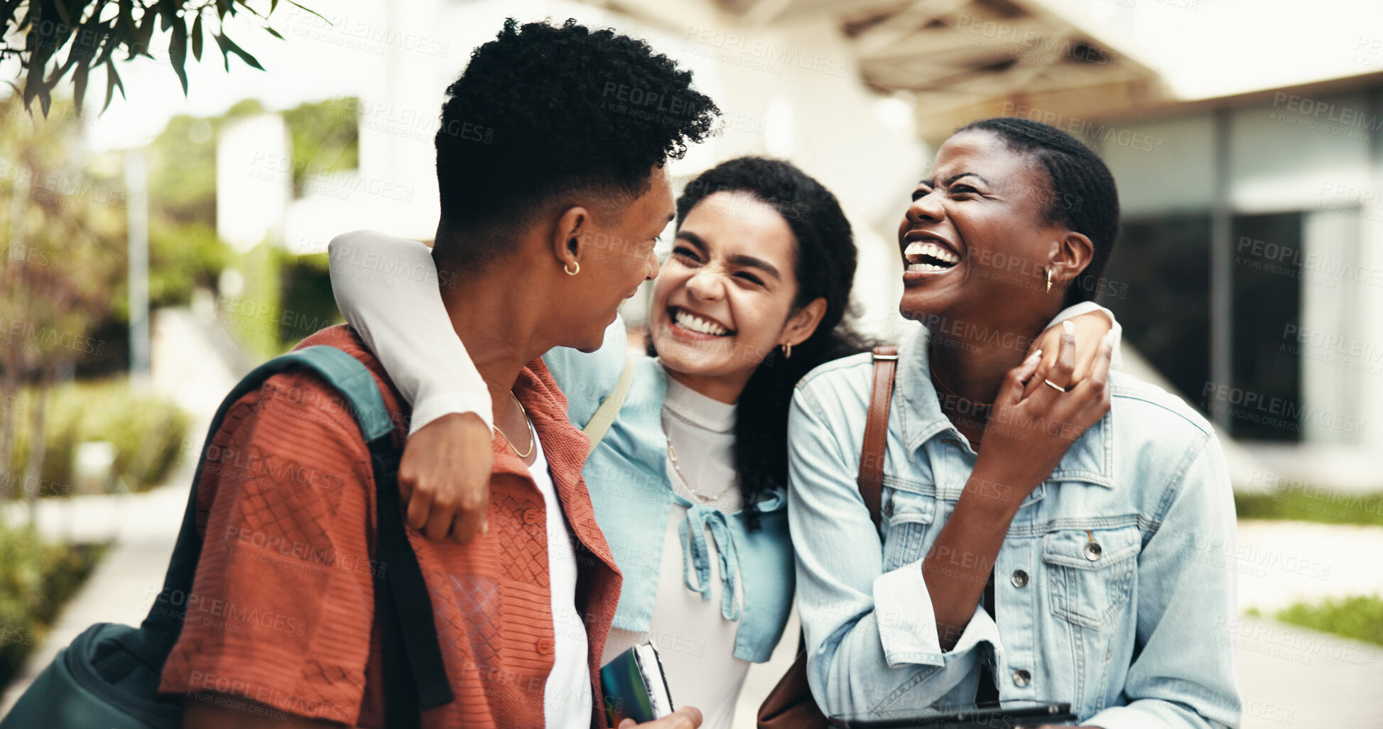 Buy stock photo University student, friends and laughing together on campus for funny joke, comic story and bonding. Education, people and humor at college for learning break, scholarship and study support outdoor