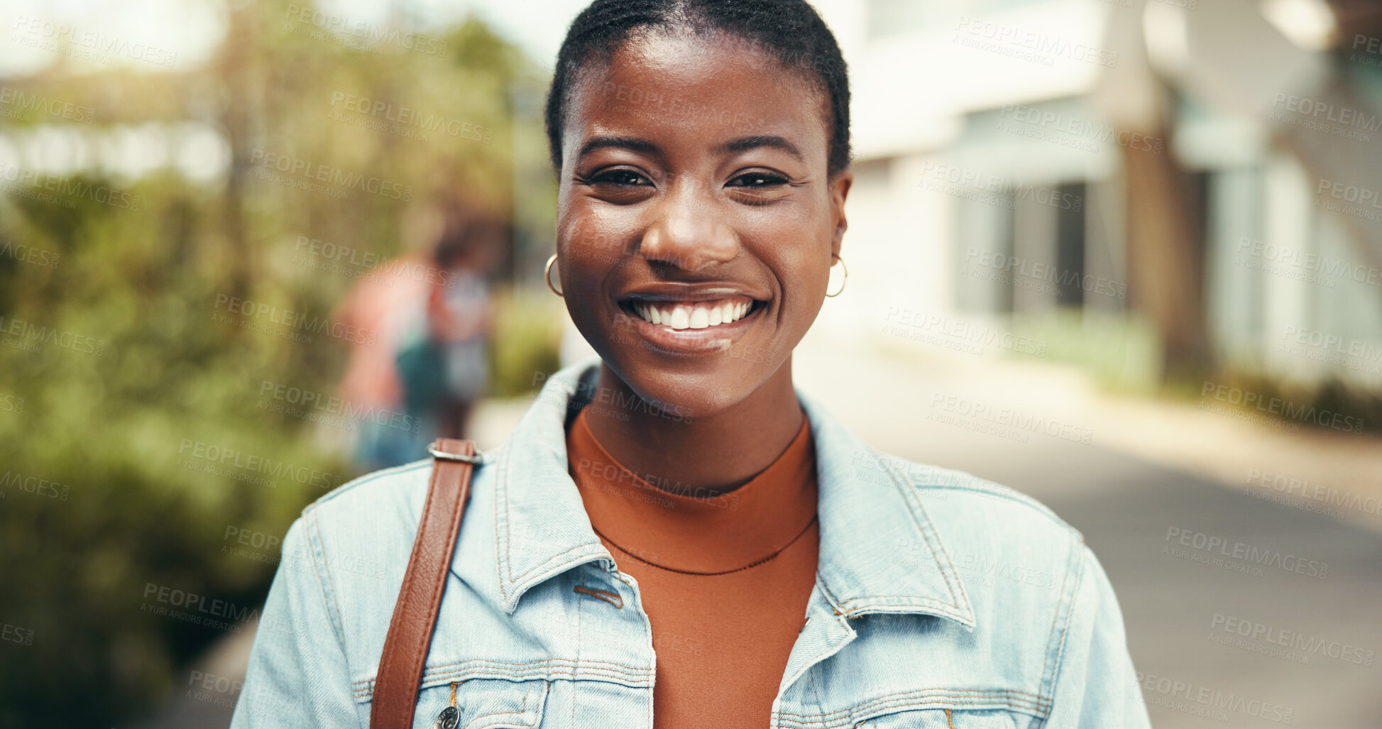Buy stock photo Portrait, student and knowledge for woman, smile and confident for scholarship, college and outdoor. Campus, proud and black person with education, university and happy for opportunity in Kenya