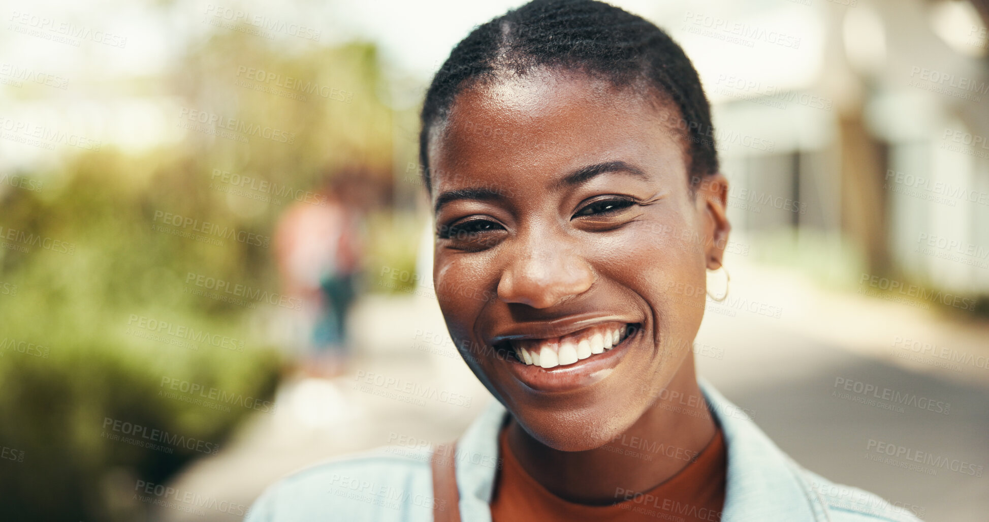Buy stock photo Portrait, university student and education for woman, smile and pupil with scholarship, confident and outdoor. Campus, proud and black person with knowledge, college or happy for opportunity in Kenya