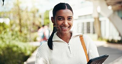 Buy stock photo Portrait, college and woman with tablet, student and confident for scholarship, education and outdoor. Campus, proud and Indian person with knowledge, university and happy for opportunity in Mumbai