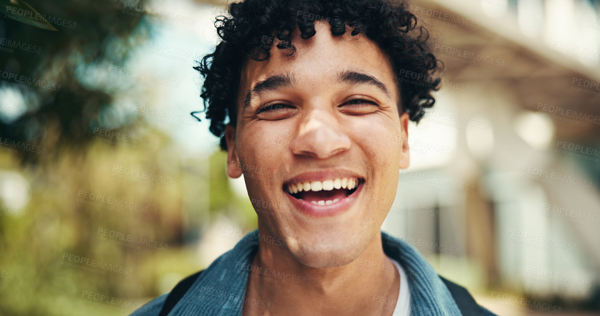 Buy stock photo Portrait, happy student and man laugh at university outdoor for learning, education or scholarship at park. Smile, face or funny person at college campus or excited for future opportunity in Portugal