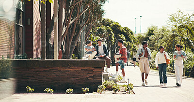 Buy stock photo Education, college and walking with student friends outdoor together for learning or study at university. Campus, development and future with learner group at school for knowledge or scholarship