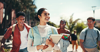 Buy stock photo Campus, college and walking with student friends outdoor together for learning or study at university. Education, future and thinking with learner group at school for knowledge or scholarship