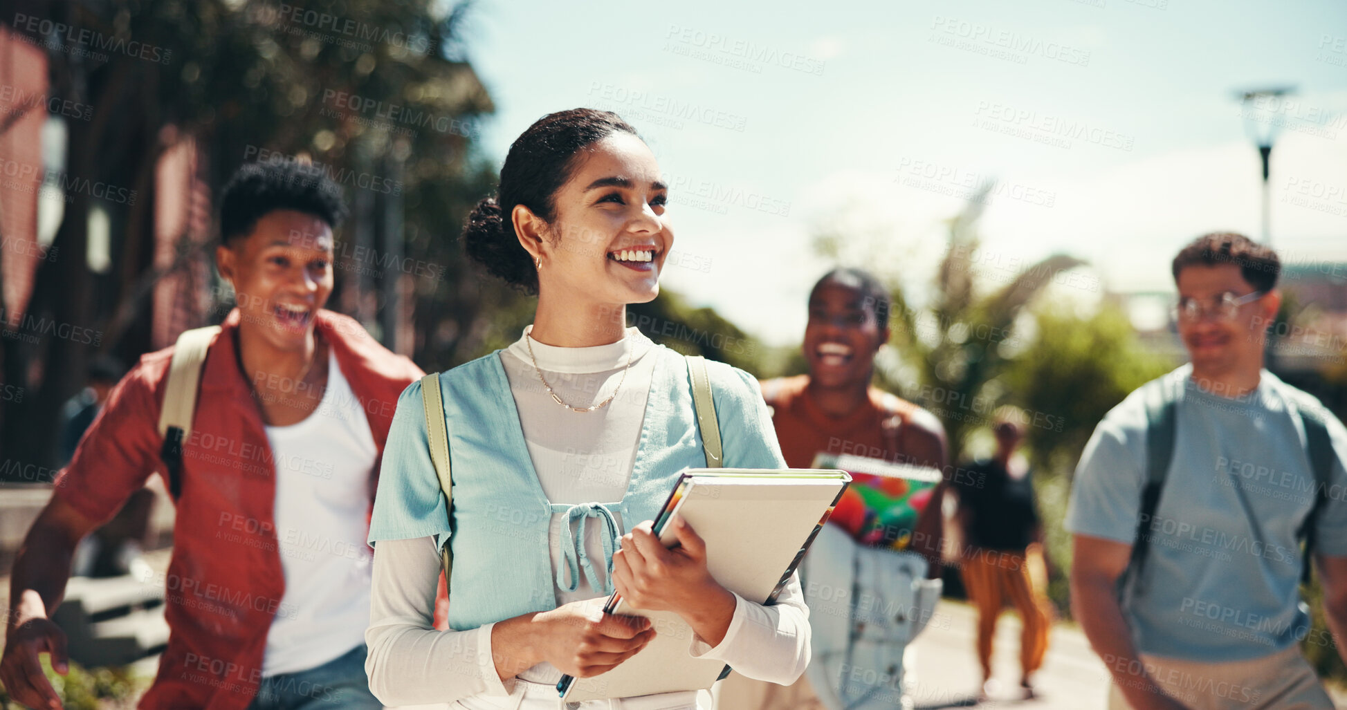 Buy stock photo Campus, college and walking with student friends outdoor together for learning or study at university. Education, future and thinking with learner group at school for knowledge or scholarship