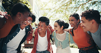 Buy stock photo University student, friends and laughing in circle together for education support, exam synergy and solidarity. Study group, diversity people and huddle on campus for college scholarship and bonding