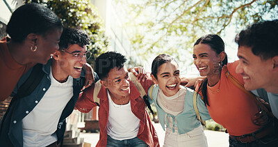 Buy stock photo University student, friends and happy with huddle together for education support, exam synergy and laughing. Study group, diversity people and fun in circle on campus for college scholarship outdoor