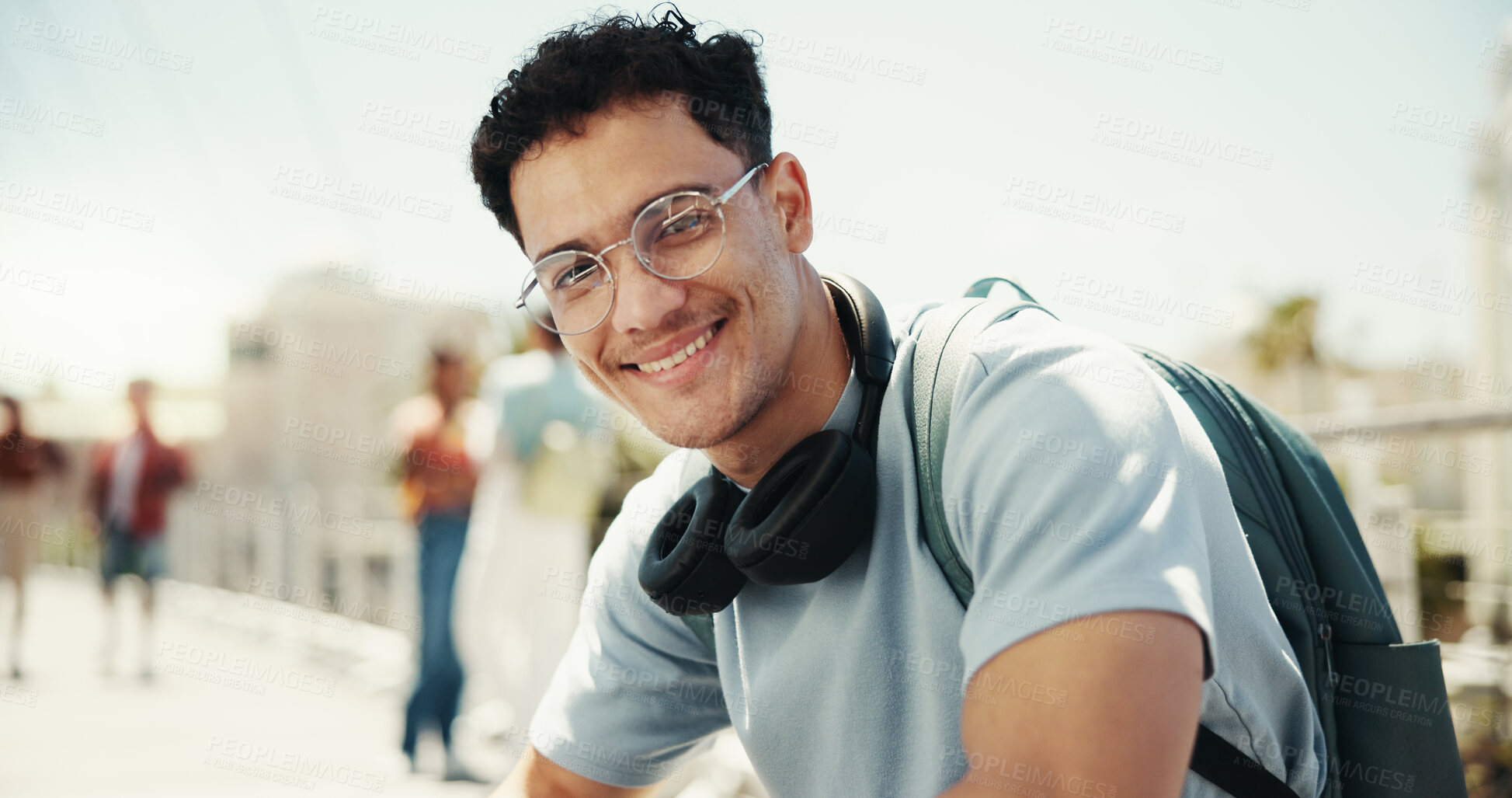 Buy stock photo Portrait, student and happy man with glasses outdoor for learning, education and university scholarship. Smile, face and confident person at college campus for studying, travel and future opportunity