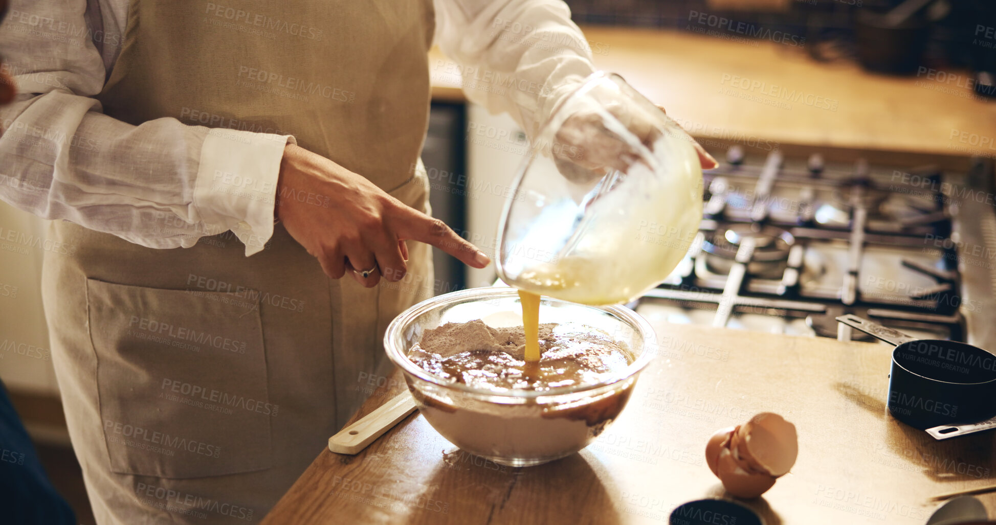 Buy stock photo Family, hands or baking in kitchen for learning, teaching or child development in home. Woman, kid or pointing at ingredients for instruction, showing recipe or bonding at counter with making dessert