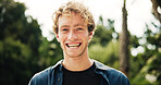 Portrait, happy man and college student in park on campus for university, opportunity and studying. Laugh, smile and male person in nature with pride for school, education and ecology scholarship