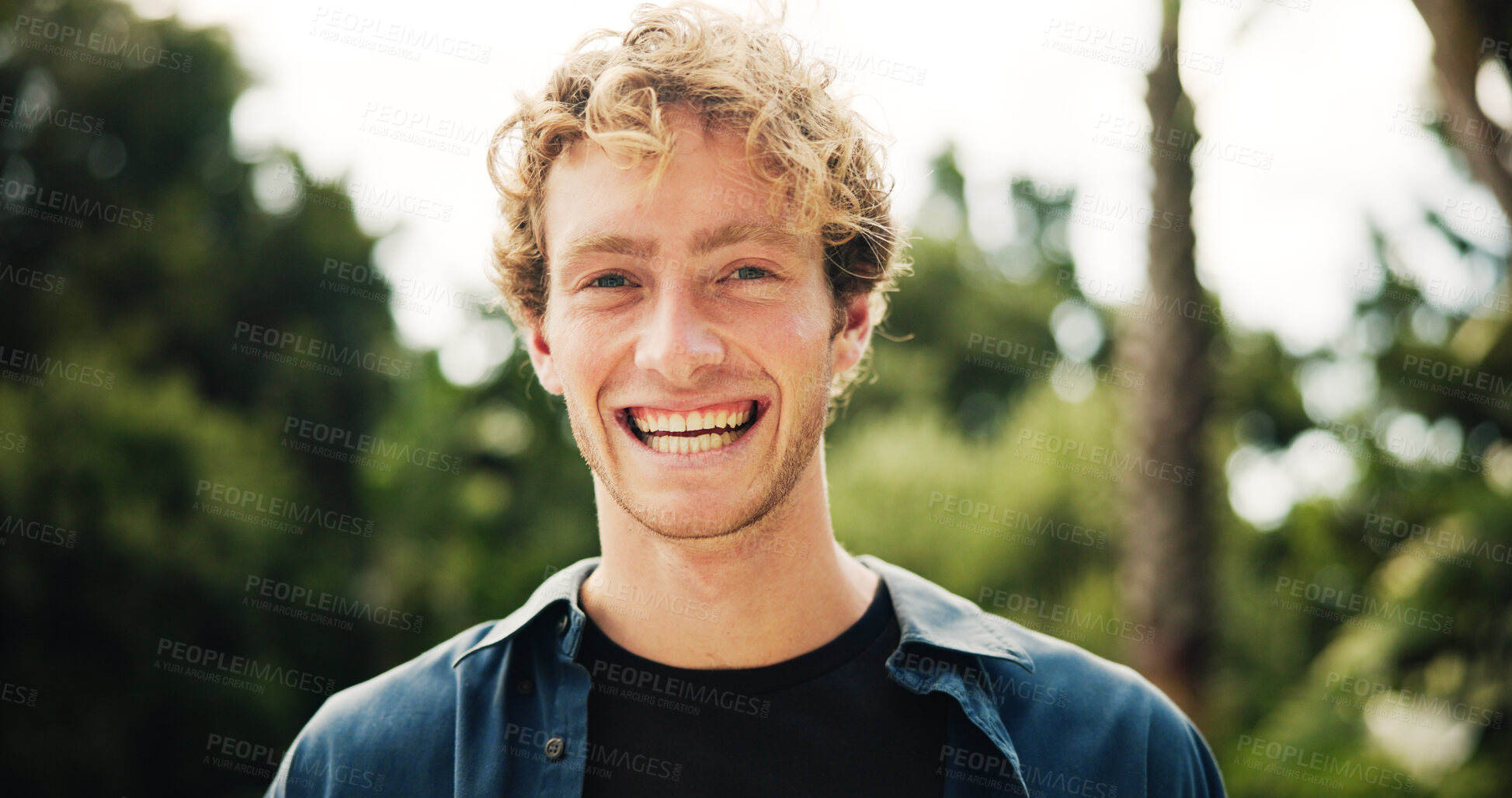 Buy stock photo Portrait, happy man and college student in park on campus for university, opportunity and studying. Laugh, smile and male person in nature with pride for school, education and ecology scholarship