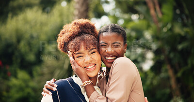 Buy stock photo Women, happy and outdoor in portrait with hug, reunion and smile for weekend visit. Students, best friends and excited in park with love, embrace and support in relationship with travel for vacation