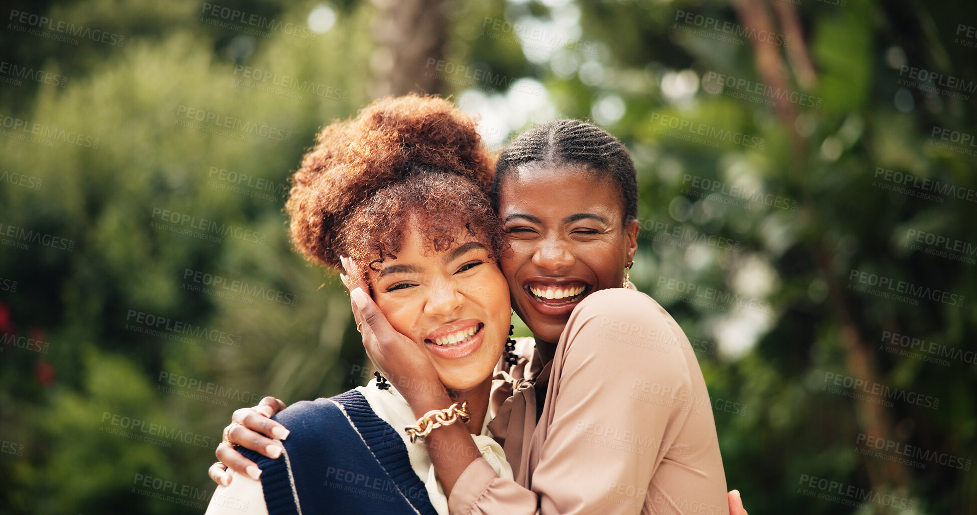 Buy stock photo Women, happy and outdoor in portrait with hug, reunion and smile for weekend visit. Students, best friends and excited in park with love, embrace and support in relationship with travel for vacation