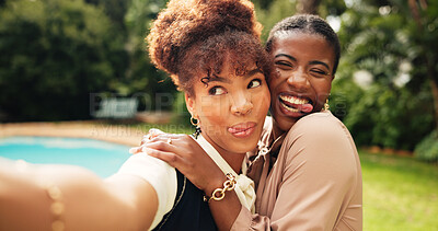 Buy stock photo Happy women, friends and hug with selfie for memory, picture or photography together in nature. Female people, love or smile with embrace, silly face or friendship for capture moment, care or bonding