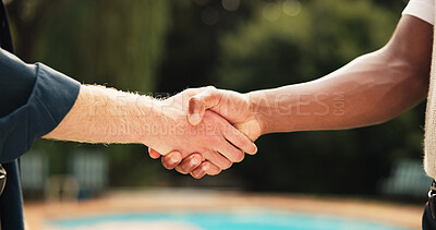 Buy stock photo People, handshake and meeting with greeting for introduction, thank you or welcome in nature. Closeup, friends or shaking hands in solidarity for reunion, friendship or teamwork together in backyard