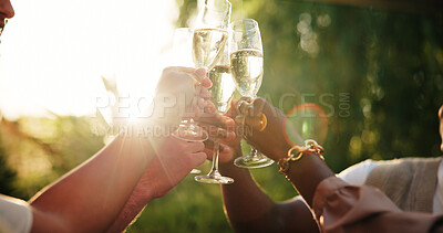 Buy stock photo People, hands and glass with champagne for cheers, celebration or festive time together in nature. Closeup, group or friends with alcohol, drink or toast for December party, event or new year reunion