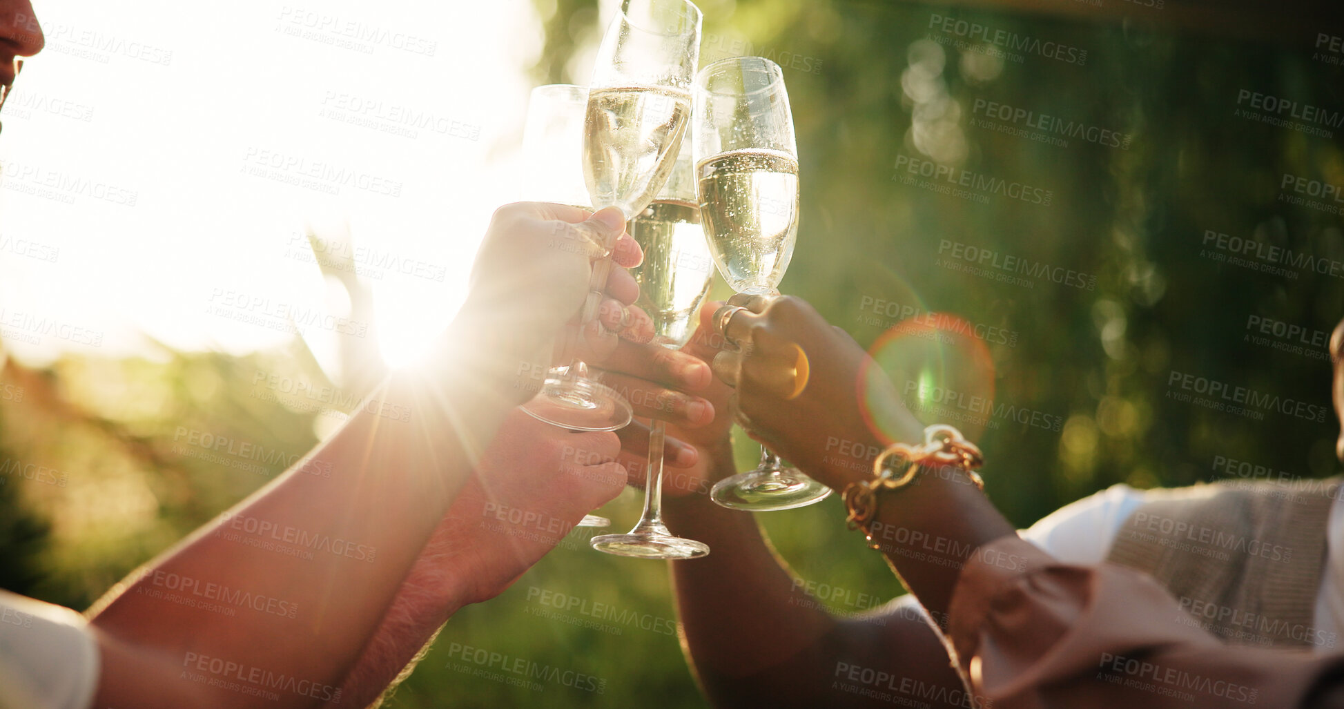 Buy stock photo People, hands and glass with champagne for cheers, celebration or festive time together in nature. Closeup, group or friends with alcohol, drink or toast for December party, event or new year reunion