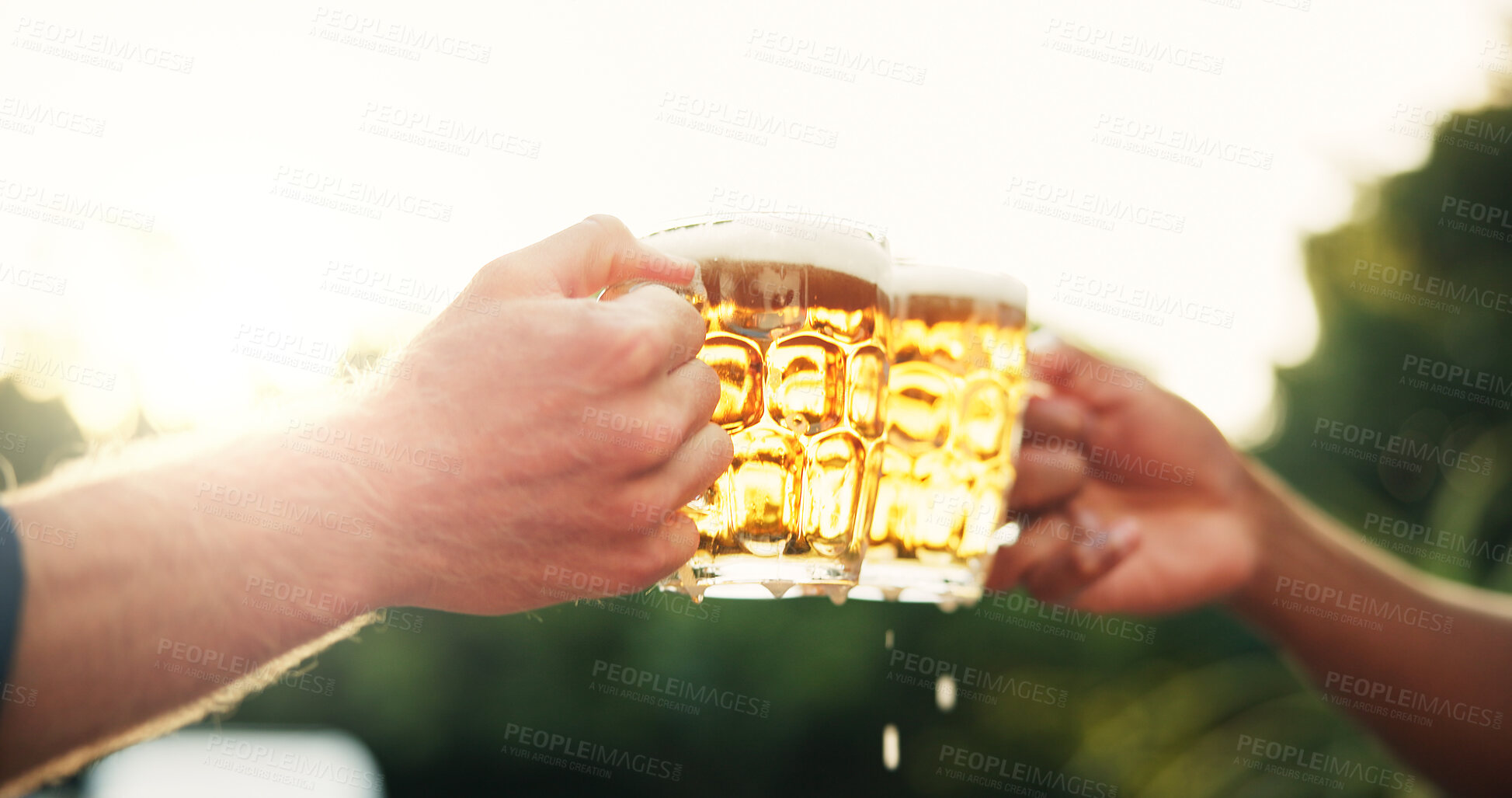 Buy stock photo Hands, beer and cheers with glass for festive, December or holiday season in nature. Closeup, people or friends with alcohol drink, beverage or toast for party, celebration or new year together