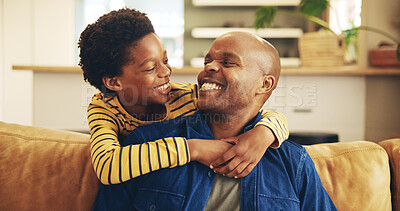 Buy stock photo Bonding, hug or smile with dad and son on sofa in living room of home together for development. Black family, happy or love with boy child embracing single parent man in apartment for affection