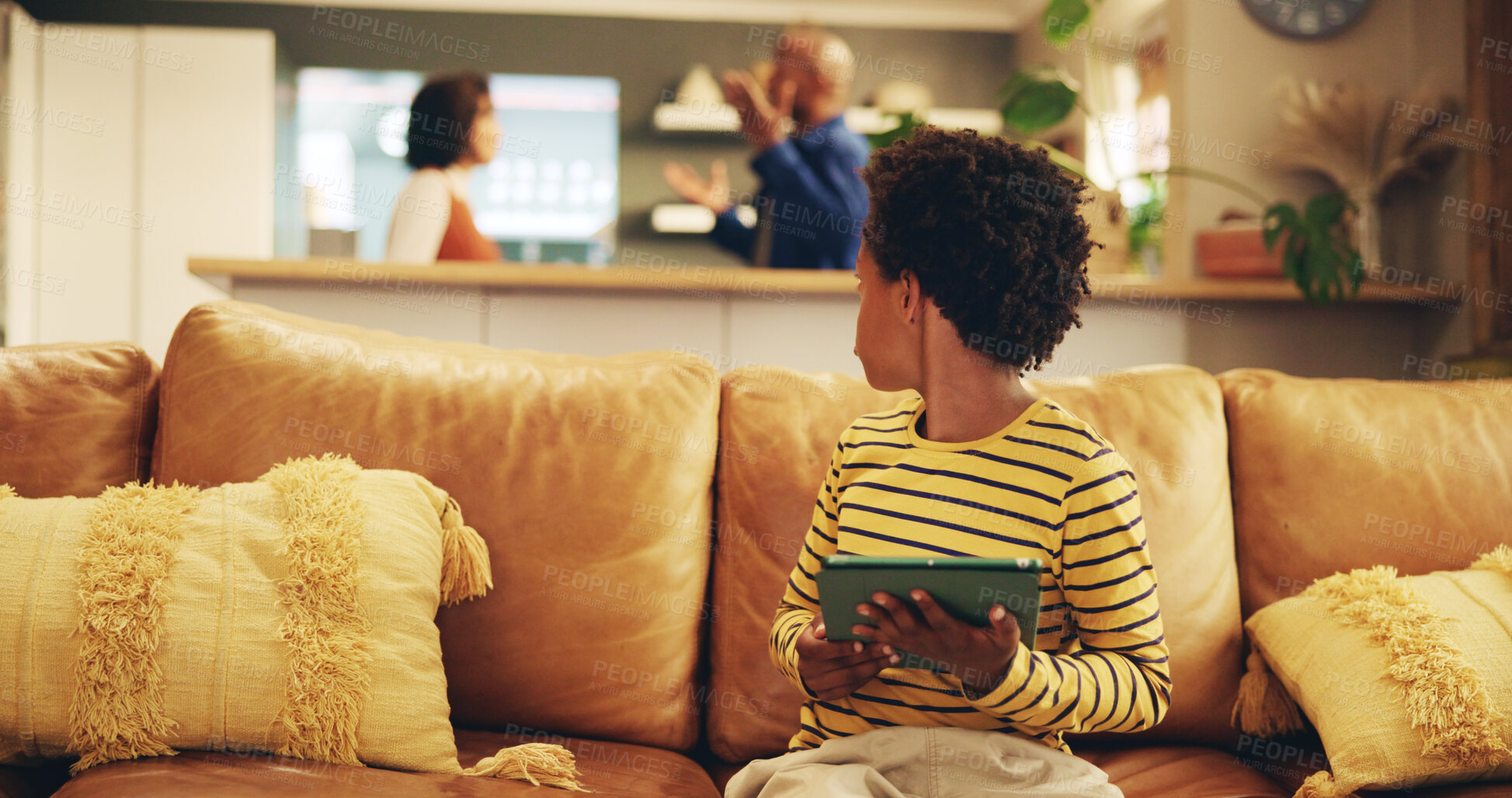 Buy stock photo Child, tablet and sofa with parents, fight and stress in home for financial crisis, divorce or cheating. Boy, kid and digital touchscreen on application, game and distraction on couch in family house
