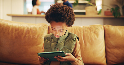 Buy stock photo Black child, growth and tablet for educational games, streaming and development in entertainment. Kids, technology and home for creativity, fun and social media with application, download and playing