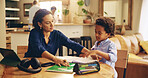 Education, mother and child in home for learning, studying and help for homework at tablet. Woman, son or notebook in living room for advice, language development and lesson information on technology