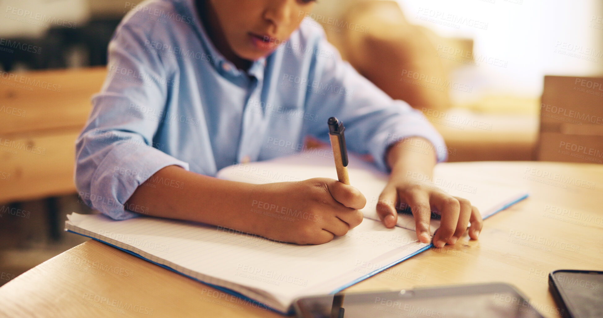 Buy stock photo Writing, hands and child with notebook, home and kid with information, education and studying for exam. Desk, growth and development of kid, knowledge and preparing for test, math and youth in house