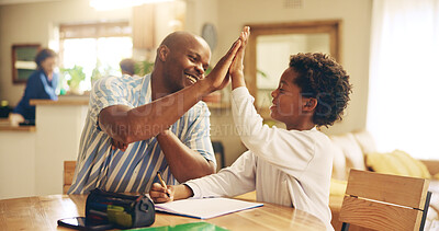 Buy stock photo House, high five and education for child, dad and celebration for growth, development and achievement. Bonding, black man and victory for homework, success and kid with knowledge, happy and home