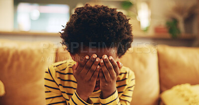 Buy stock photo Stress, crying and sad child on sofa with trauma, mental health fatigue and frustrated loneliness in home. Anxiety, grief and tired boy kid with depression, thinking and emotional burnout in growth