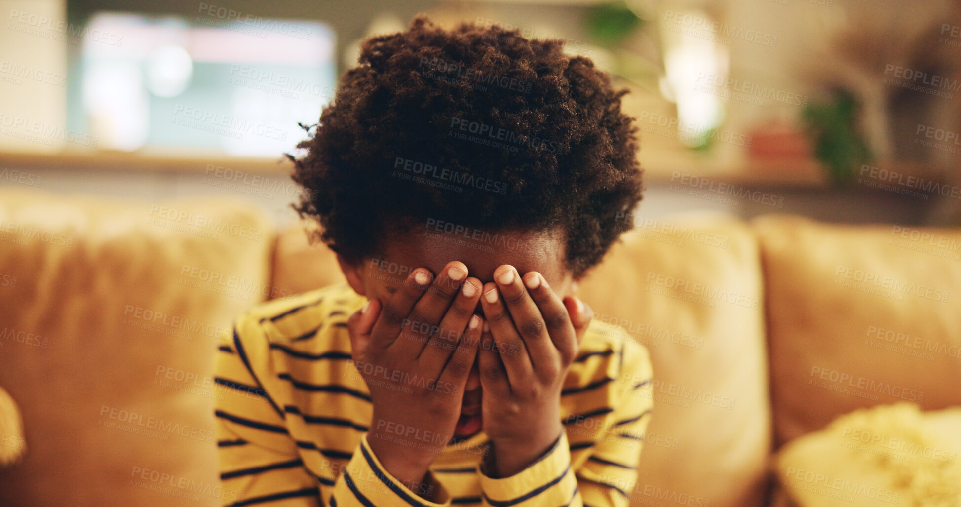 Buy stock photo Stress, crying and sad child on sofa with trauma, mental health fatigue and frustrated loneliness in home. Anxiety, grief and tired boy kid with depression, thinking and emotional burnout in growth