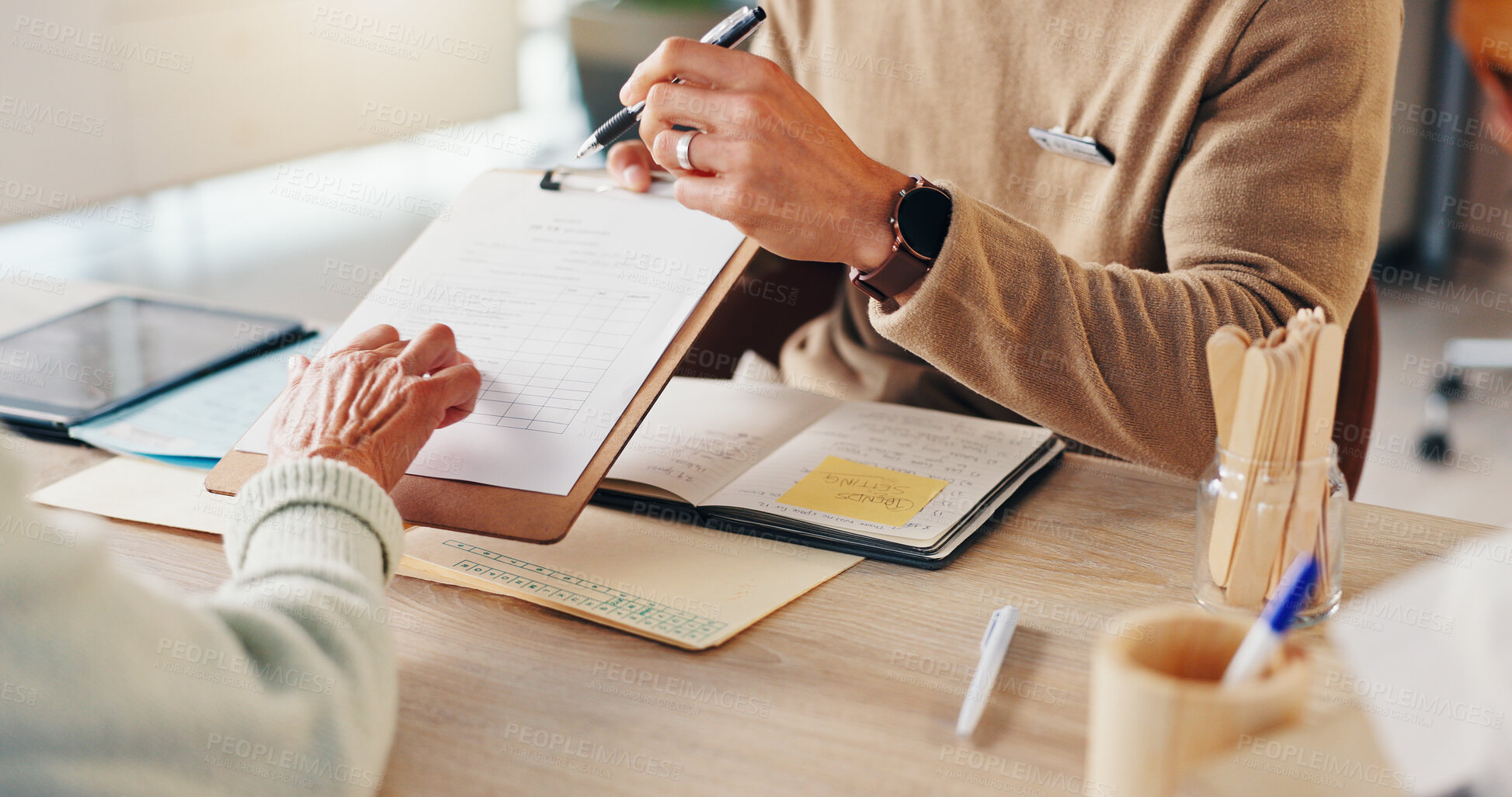 Buy stock photo Hands, doctor and clipboard with diagnosis for consultation, medical services and checkup. People, hospital and prescription for patient in appointment, professional opinion and healthcare with notes