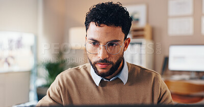 Buy stock photo Glasses, online and reading with business man in office for research, account manager and client report. Communication, email and connection with employee in agency for financial advisor and web