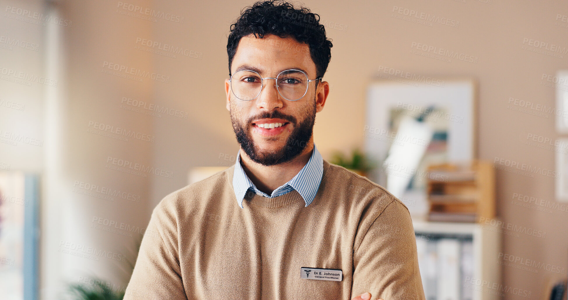 Buy stock photo Doctor, man and portrait with confidence in office for career pride, medical service or health support. GP, happy worker and ready for healthcare consultation, healthy wellness or practice management