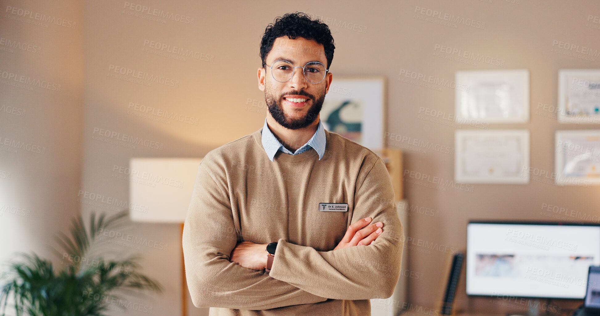 Buy stock photo Doctor, man and portrait with arms crossed in office for career pride, medical service and health support. GP, worker and ready for healthcare consultation, healthy wellness and practice management