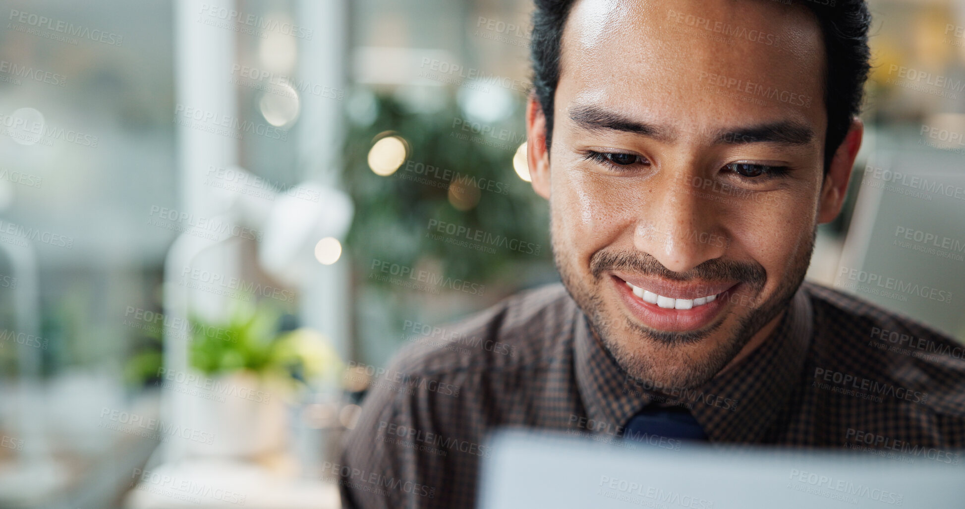 Buy stock photo Asian, research and businessman in office with smile for typing, creative agency or self publishing. Online, writer or worker with laptop, computer or pc for editing of ebook novel with technology