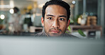 Research, computer and reading with business man in office for planning, website and email. Company newsletter, project and internet with employee in agency for technology, professional and search