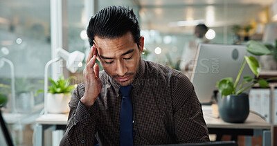 Buy stock photo Frustrated, businessman and vertigo with headache at office for stress, debt or company bankruptcy. Man, employee or fatigue with migraine for pressure, strain or overworked deadline at workplace