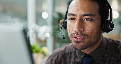 Buy stock photo Asian man, call center or reading on computer in office for contact us at law firm with mic or justice advice. Legal consultant, email or customer support for dispute resolution service at help desk