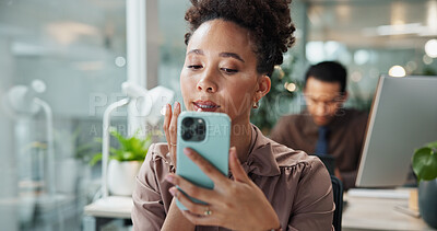 Buy stock photo Lipstick, phone and mirror with business woman in office for makeup check, selfie camera and cosmetics. Beauty, self care and mobile reflection with employee in agency for lip balm application