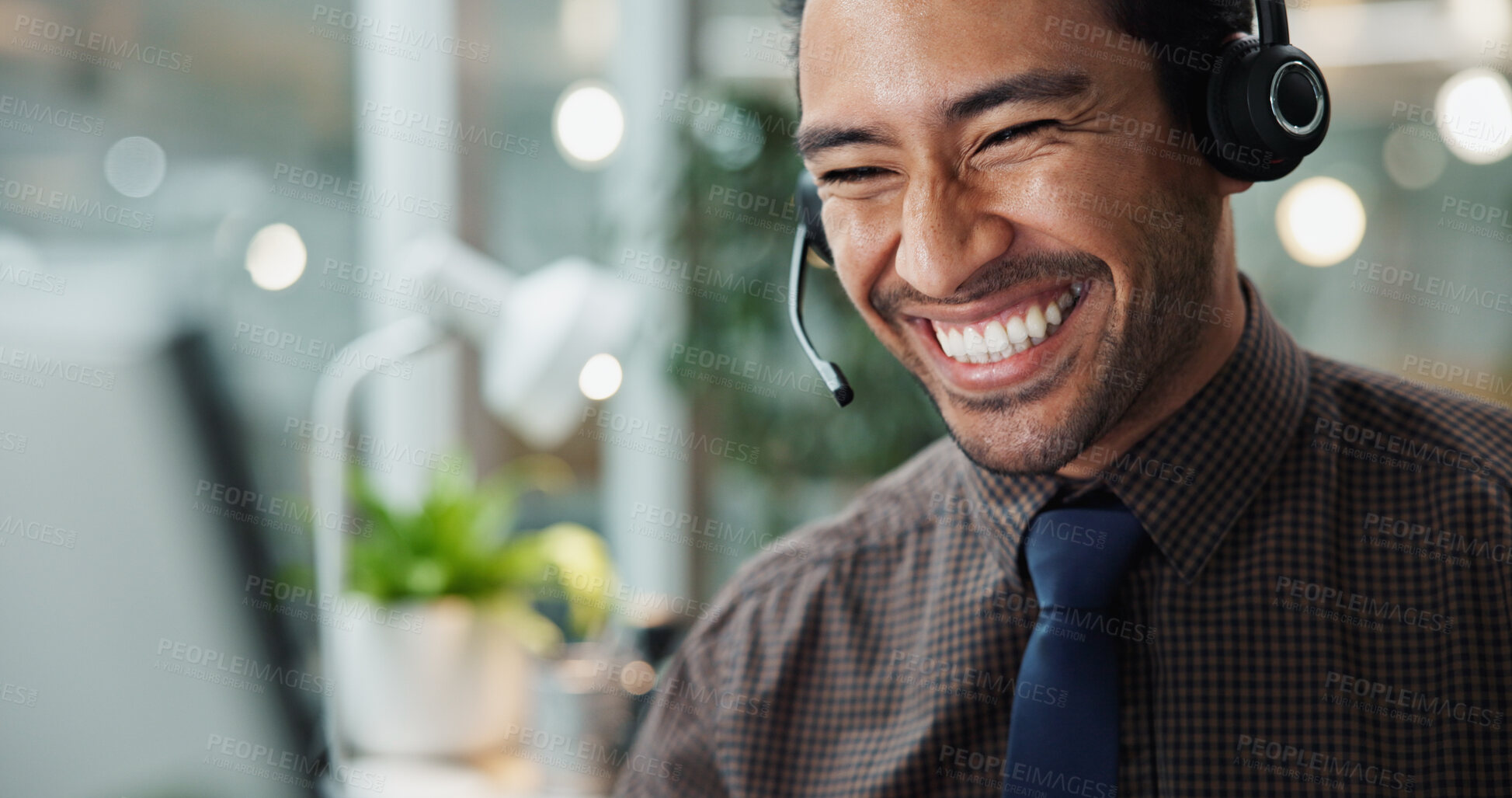 Buy stock photo Asian man, call center or laughing in office for contact us at law firm with smile, mic or justice advice. Legal consultant, computer or customer support with dispute resolution service at help desk