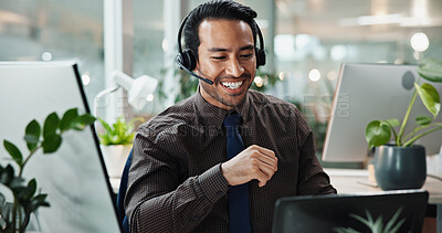 Buy stock photo Asian man, talking or laptop in call center for contact us at law firm with mic, smile or justice advice. Legal consultant, reading or customer support for dispute resolution service at help desk