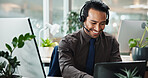 Happy Asian man, call center or laptop in office for contact us at law firm with mic, smile or justice advice. Legal consultant, typing or customer support for dispute resolution service at help desk