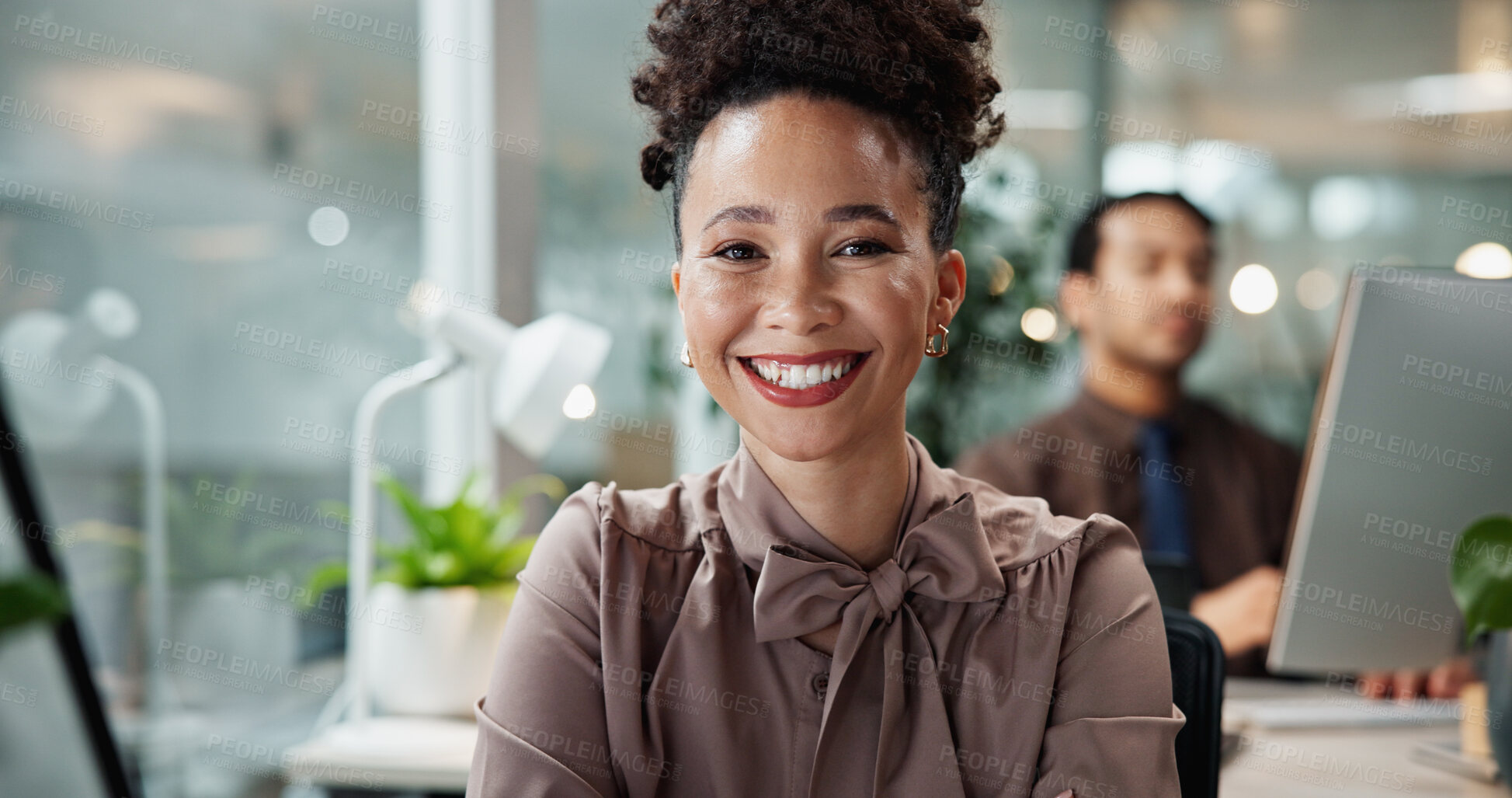 Buy stock photo Business woman, portrait and office with pride, smile and confidence for bookkeeping as accountant. Female person, night and coworking in finance agency, banking or investment opportunity for payroll