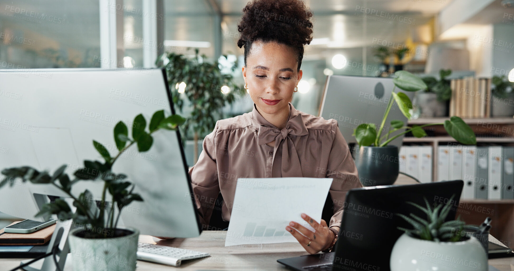 Buy stock photo Business, woman and paperwork by computer in office for data entry in CRM system and reading revenue report. Account representative, employee and document for client sale stats and portfolio review