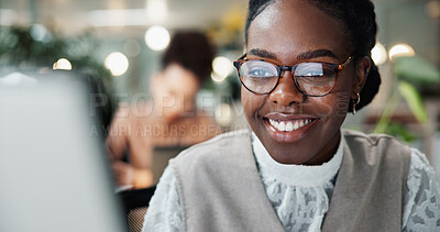 Buy stock photo Glasses, computer and smile with business woman in office for planning, website and email. Company newsletter, project and internet with employee in agency for technology, professional and search