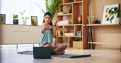 Buy stock photo Stretching arms, woman and laptop for web tutorial with zen, active and spiritual practice in home. Female person, tech and online class for mindfulness, balance and yoga in wellness or mental health