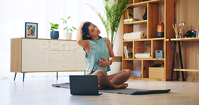 Buy stock photo Stretching neck, laptop and woman for zen, active and spiritual practice in home as warm up routine. Female person, tech and yoga mat for online class, balance and breath in wellness or mental health