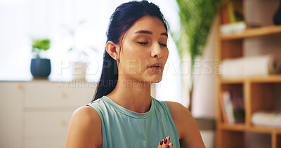 Buy stock photo Breathing, meditation and woman for calm, relax and spiritual practice in home for morning routine. Female person, yoga pose and exercise for mindfulness, balance and zen in wellness or mental health
