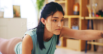 Buy stock photo Stretching, bird dog and woman with workout routine for calm, strong muscle and mental health. Female person, training and core in home for balance, cardio and fitness as pilates exercise or practice