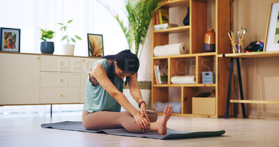 Buy stock photo Stretching legs, yoga and woman for calm, relax and pilates practice in home for activity or routine. Female person, warm up and exercise mat for healing, balance and zen in wellness or mental health